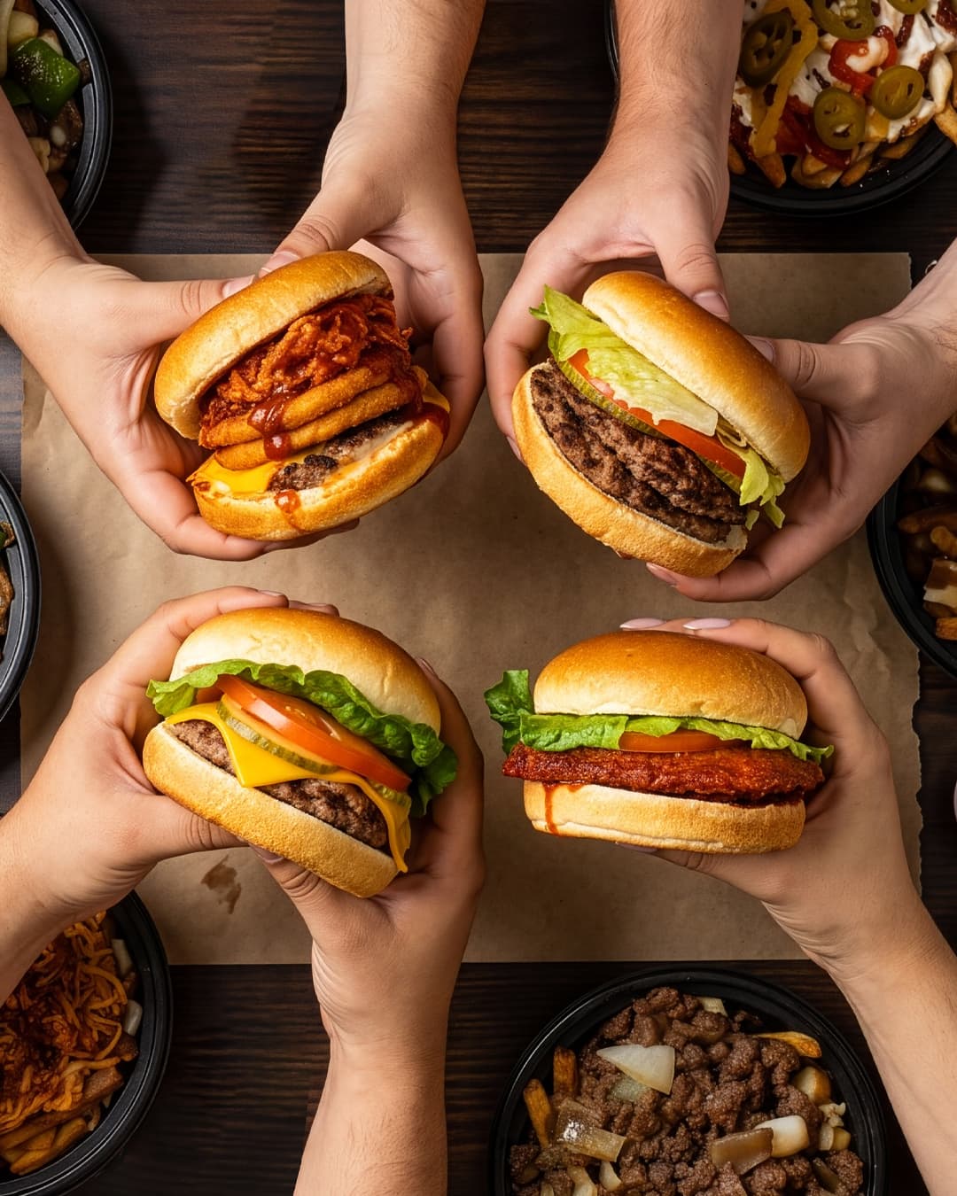 Four hands each holding a Sam's Grill burger over a table of poutines