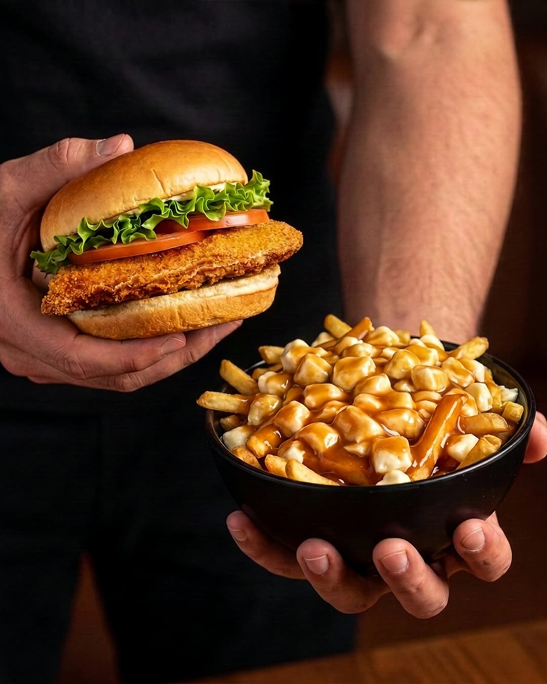 A crispy chicken burger in one hand and a bowl of poutine in the other